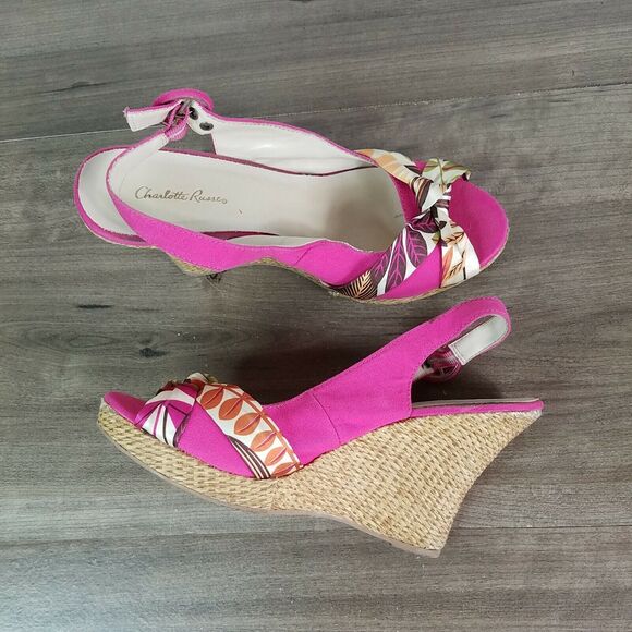 Charlotte Russe Womens Sandals Slingback Wedge Heels Pink Peep Toe Size 7 - Picture 1 of 9
